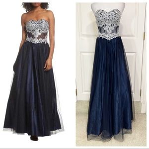 Blondie Nites Blue Embroidered Corset Strapless Tulle Gown Formal Dress